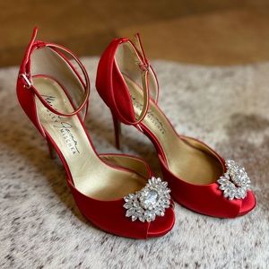 Badgley Mischka Red Strappy Heels with Crystal Embellishment